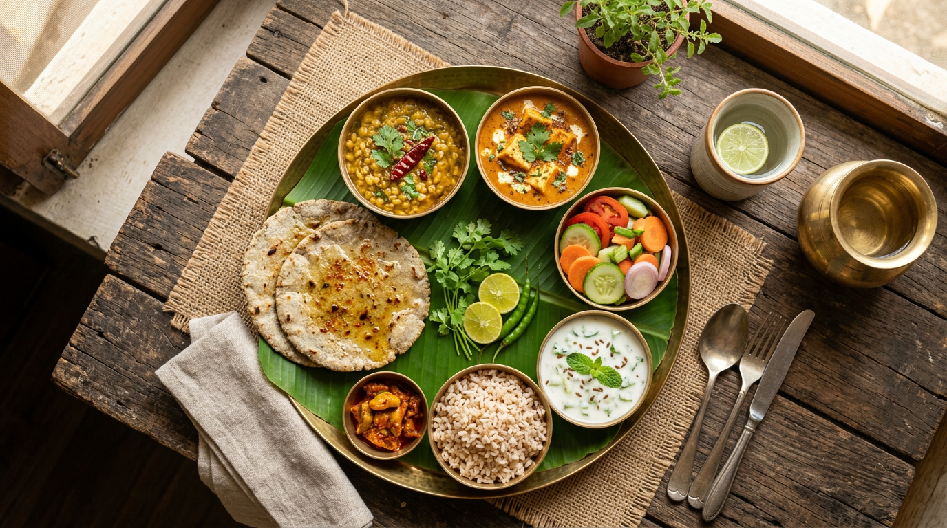 A wholesome sattvic vegetarian spread served in brass bowls