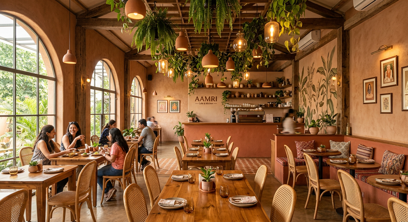 The warm, plant-filled dining room at Swastha Pyala